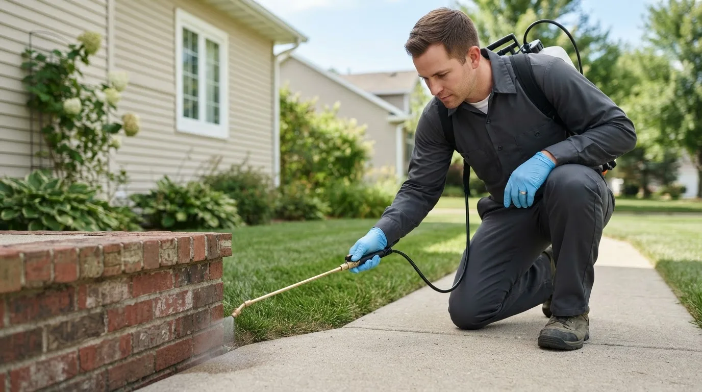 Pest control technician treating a home near Pricedale, PA